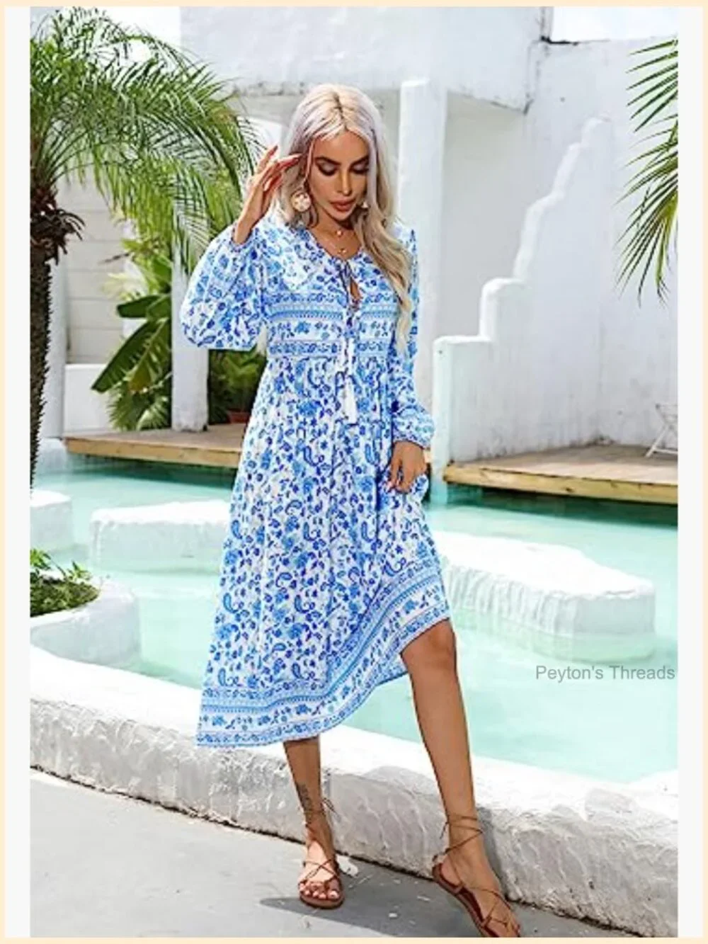 Long Sleeve Floral Print Retro V Neck Tassel Casual Bohemian Midi Dress